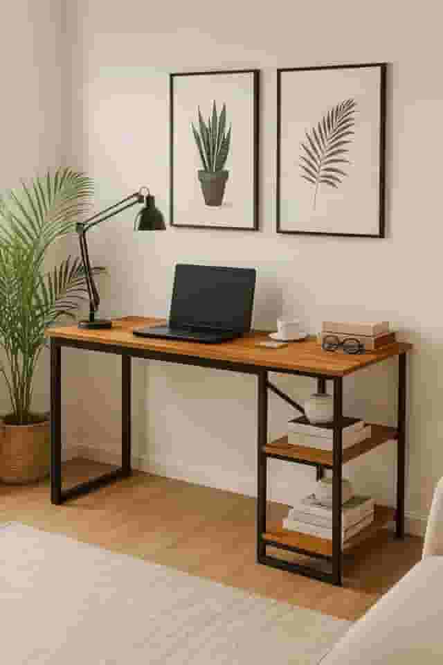 Mesa Home Office C/prateleiras De Metal E&A - Preto/Canela