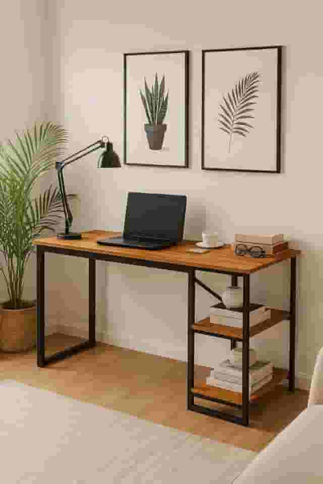Mesa Home Office C/prateleiras De Metal E&A - Preto/Canela