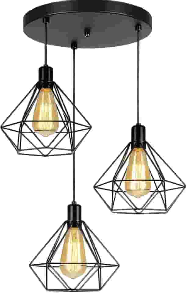 Lustres Luminaria Aramado Triplo modelo Diamante - 03 Juntos Na Mesma Canopla - Ideal para mesa de Jantar, Sala, Quarto (Preto)