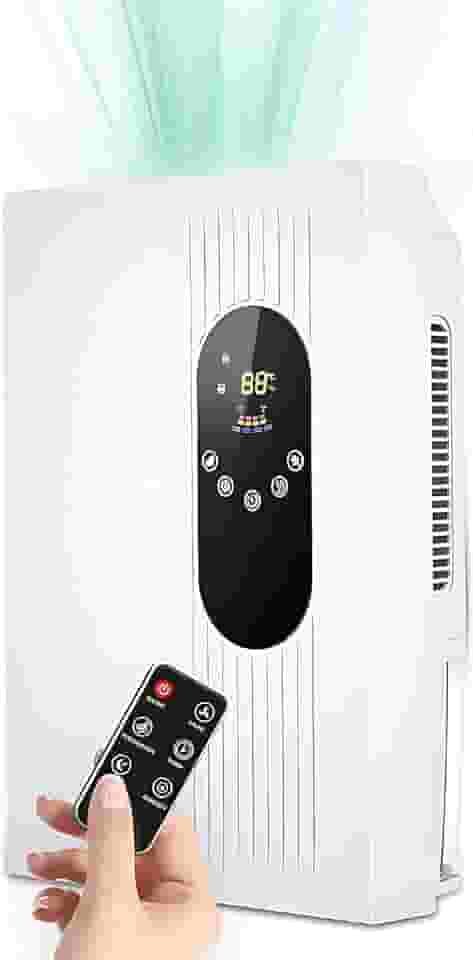 Desumidificador e Purificador de Ar 2 em 1 com Mangueira Drenagem Controle Remoto Tela LCD Configuração Umidade 77oz Liga Desliga Automático Timer 24h para Porão Quarto Banheiro Armário