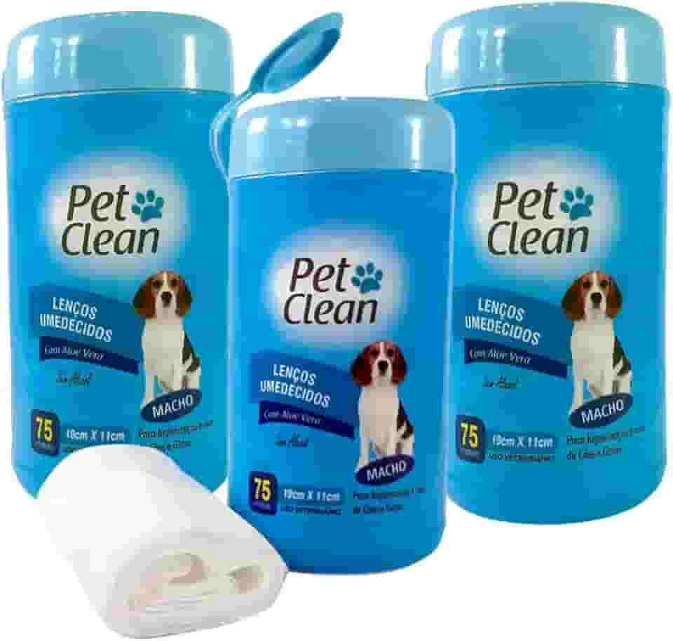 Pet Clean Kit Lenços Umedecidos Cachorro Macho com Aloe Vera, 3 Potes x 75 Unidades, 19x11cm, Sem Álcool