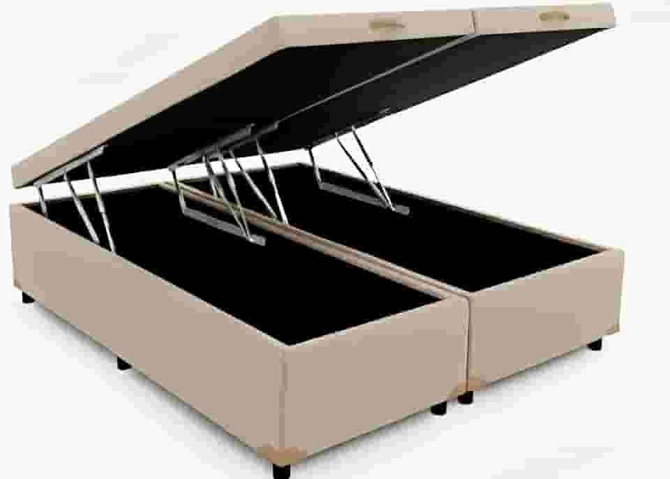 Cama Box Baú Queen Bipartido 79, Blindado, Pistão á Gás, Pés de Madeira (Corino, Bege)