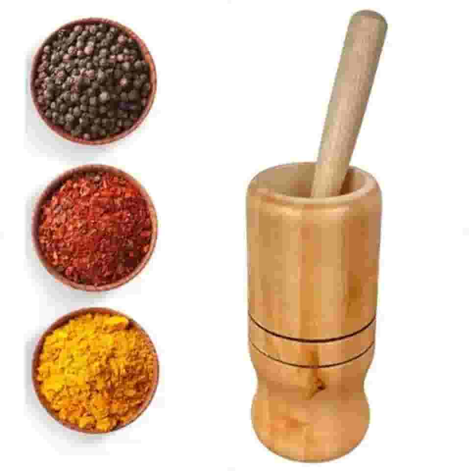 Pilão Com Socador De Madeira Para Alho e Temperos De Cozinha Premium Zennix