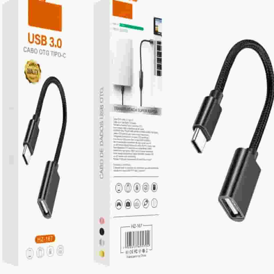 Cabo adaptador USB OTG Fêmea para Tipo C - Cabo Trançado em Nylon mais Flexivel e Duravel Preto