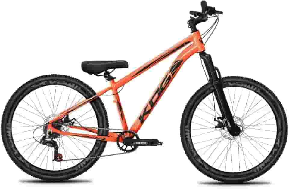 Bicicleta Aro 26 Rebaixada Freeride para Grau, Quadro em Alumínio, Relação 1x7, Aros Vmaxx Coloridos, Pedivela 34D, Suspensão 80mm,Laranja Liso Preto