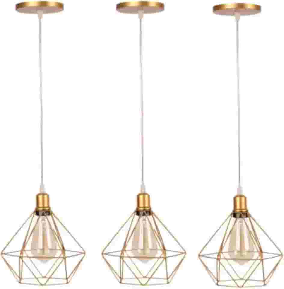 Pendentes Diamante Aramado Dourado Cabo Regulável Kit C/3