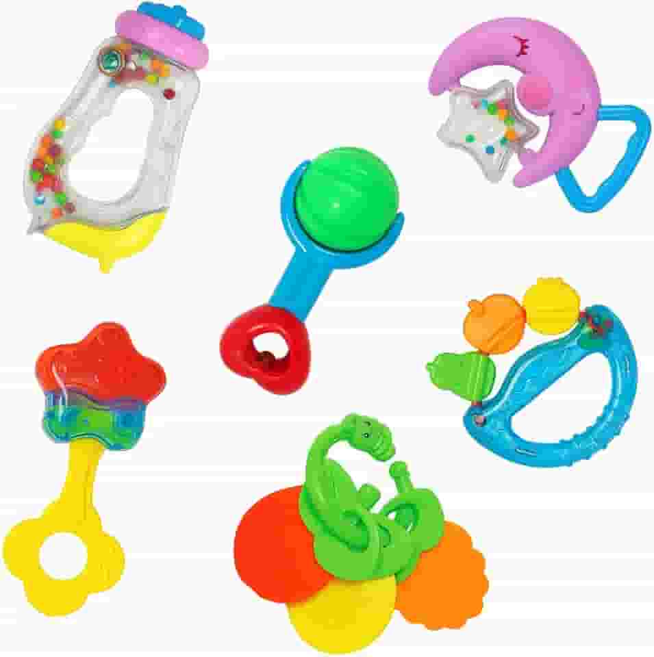 Brinquedo Infantil para Bebês Kit 6 Peças Chocalhos e Mordedores – Coloridos, Brinquedo Educativo, Sensorial e Seguro, Estimula Coordenação Motora, Ideal para Presente (SORTIDOS)