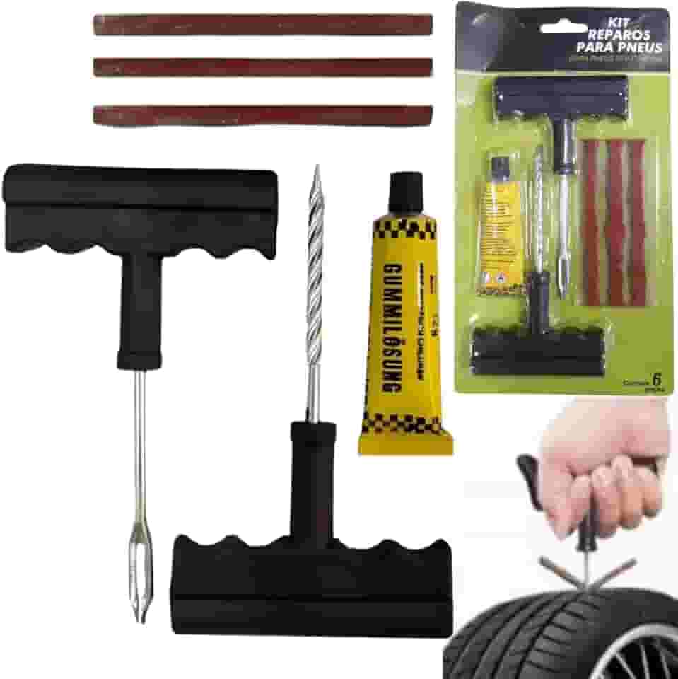 Kit Reparo de Pneus 6 Peças Tubeless Compacto Prático com Escareador Aplicador Cola e 3 Varetas Solução Rápida para Emergências em Carros Motos e Bikes