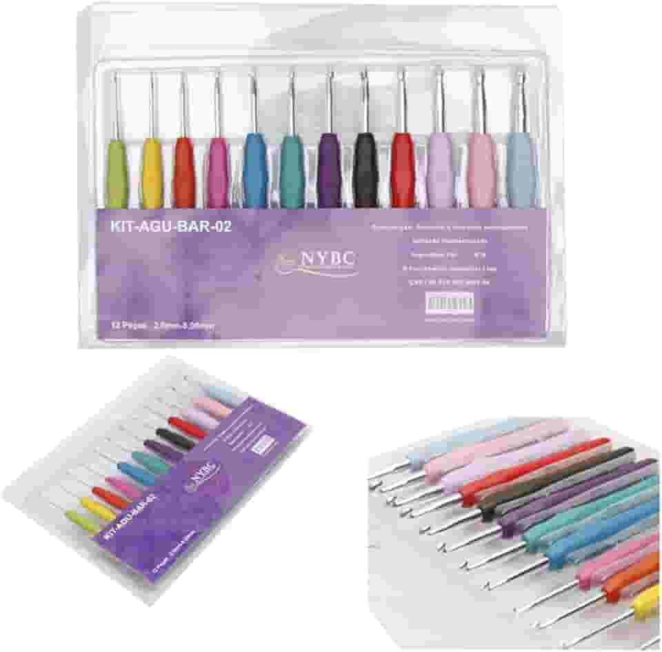 Kit de Agulha Para Crochê, NYBC, 12 Agulhas, Cabo Emborrachado Colorido
