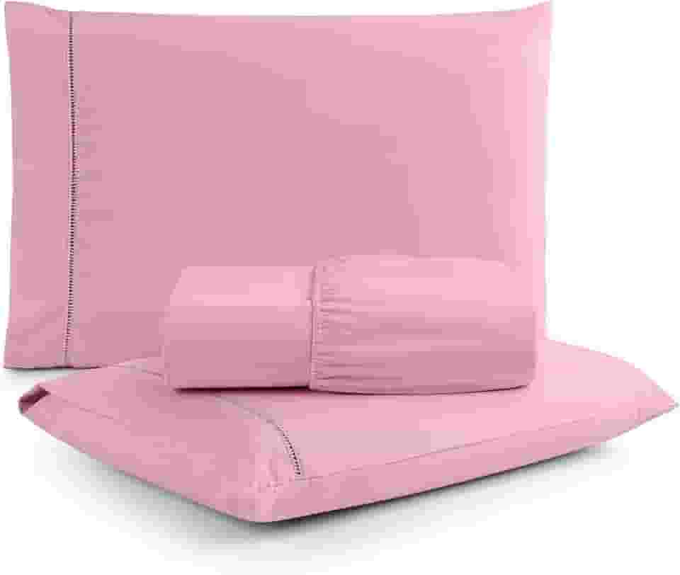 Jogo de Lençol Casal 3 Peças Micropercal 400 Fios com Ponto Palito | Toque Acetinado de Hotel, Não Amassa, Anti Bolinha - Cor Rosé