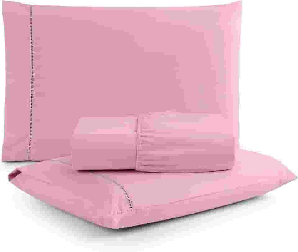 Jogo de Lençol Queen 3 Peças Micropercal 400 Fios com Ponto Palito | Toque de Hotel, Não Amassa e Anti Bolinha - Cor Rosê