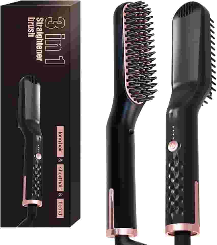 Escova Alisadora Térmica 3 em 1 Profissional - Chapinha Iônica para Cabelo e Barba com 3 Temperaturas (150°C-180°C-210°C), Cabo Giratório 360° e Presente Masculino (110-240V/Compatível Global)