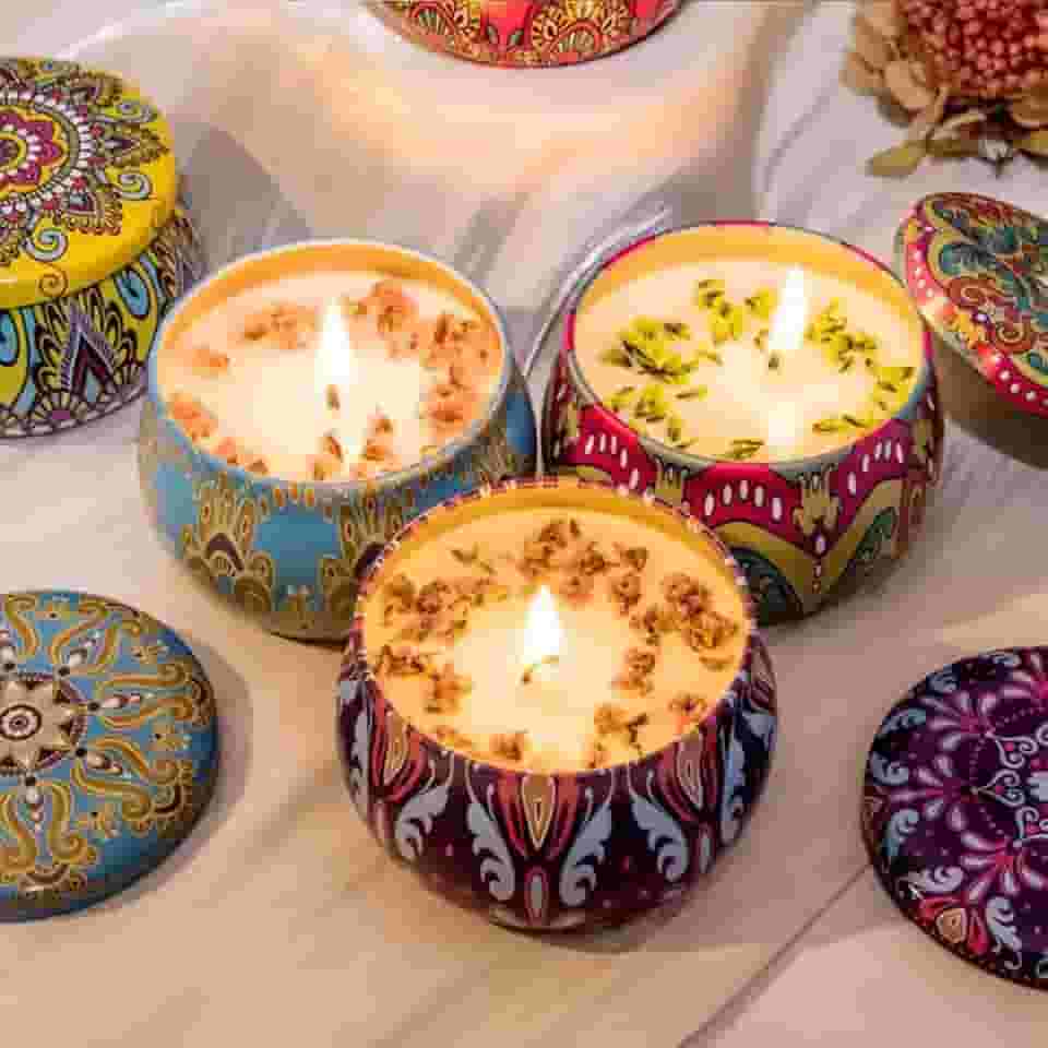Kit Velas Aromáticas em Lata Decorativa 3 Unidades Cera Natural de Coco e Soja Perfumada
