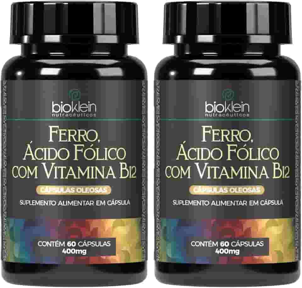Kit 2 Ferro, Ácido Fólico com Vitamina B12 60 Cápsulas Softgel 400mg, Bioklein
