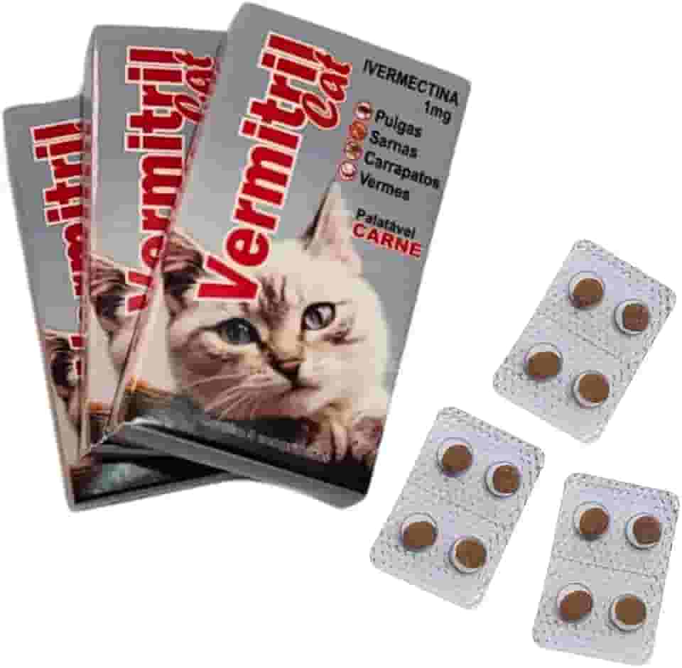 12 Comprimidos Anti Vermes, Carrapatos, Pulgas E Sarnas Para Gatos - Mastigáveis Sabor Carne