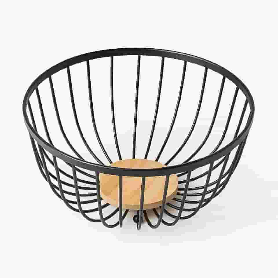 Fruteira Aramada Decorativa, Ferro e MDF, Preta com Base em Madeira, 25x25x13,5cm, Design Moderno para Cozinha