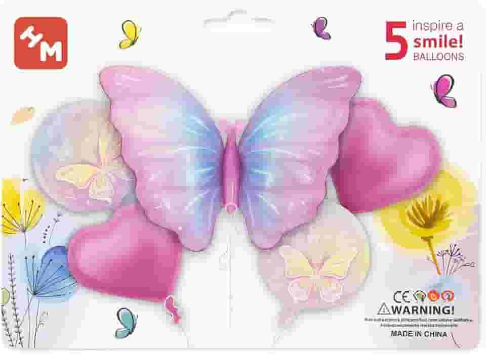 Balão Metalizado Borboleta - Candy Colors e Florescente, Cartelado ou Base 3D, Decoração Festa Jardim e Aniversário (KIT 5 PEÇAS BORBOLETA FLORESCENTE ROSA)