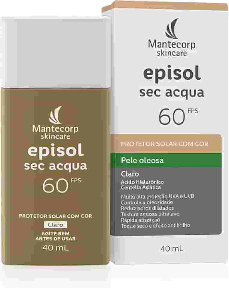 Mantecorp - Protetor Solar Episol Sec Acqua FPS 60 Claro - Base Aquosa Ultraleve com Cor - Proteção e Controle da Oleosidade - 40ml