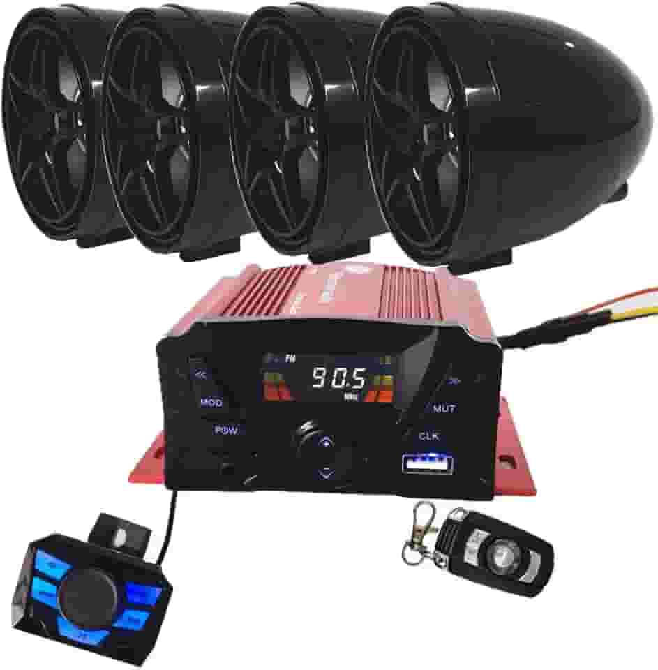 12 V motocicleta à prova d'água FM USB 4 canais 3 polegadas UTV ATV amplificador Bluetooth sistema de som áudio estéreo alto-falantes mãos livres de áudio para iPhone/iPod/MP3 (preto)