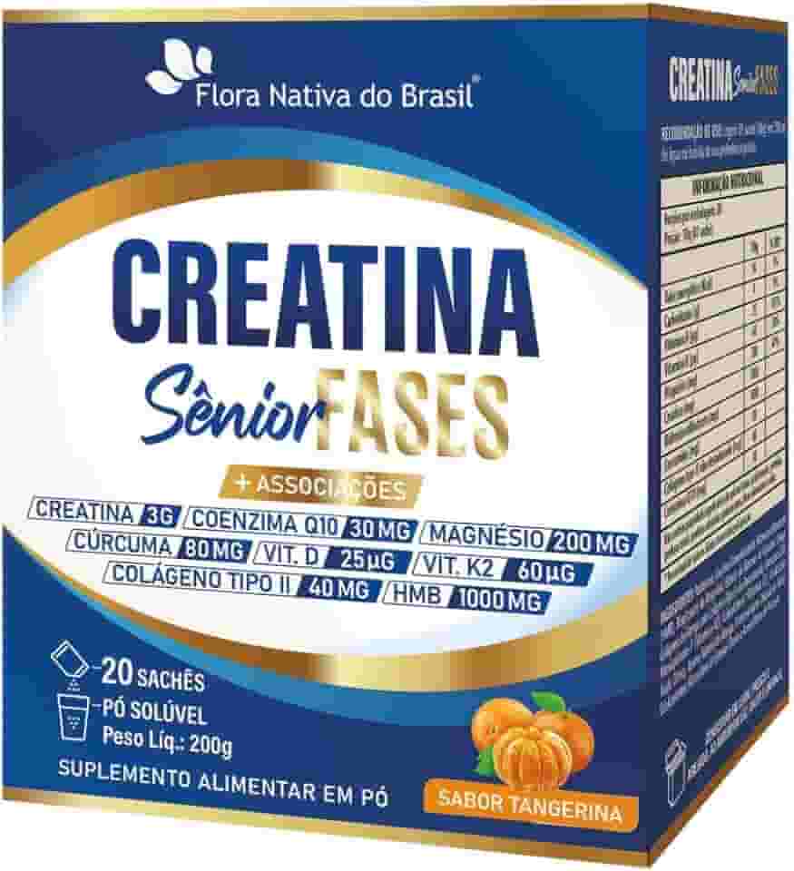 Creatina Sênior Fases (Colágeno Tipo 2, Vit D3+K2, Magnésio, Q10, HMB e Cúrcuma) 20 sachês - Flora Nativa (200g, Tangerina)