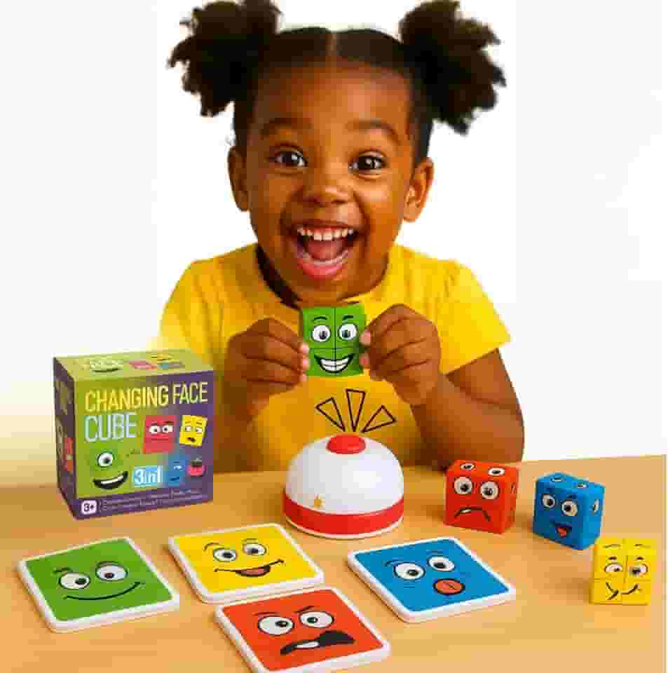 Brinquedo Educativo 3 EM 1 Cubo das Emoções com sininho - Monta cara e Pares Malucos Jogo Pedagógico Criativo e Divertido para Crianças, Meninos e Meninas, Didático Lúdico 3+ Anos