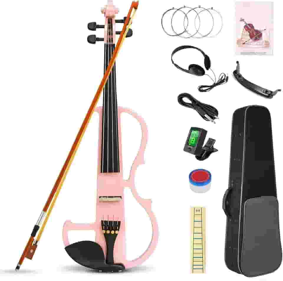 VEDO Violino Elétrico, Conjunto de Violino Elétrico Silencioso 4/4, Violino de Madeira Maciça e Metal, com Acessórios em Ébano, Kit para Iniciantes Adultos e Adolescentes (Rosa)
