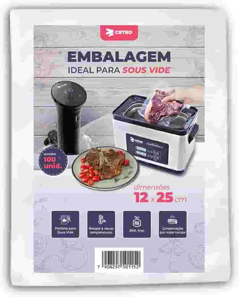 CETRO Embalagem para Sous Vide 12x25cm – 100 Unidades, Reutilizável, Nylon Poli, Transparente
