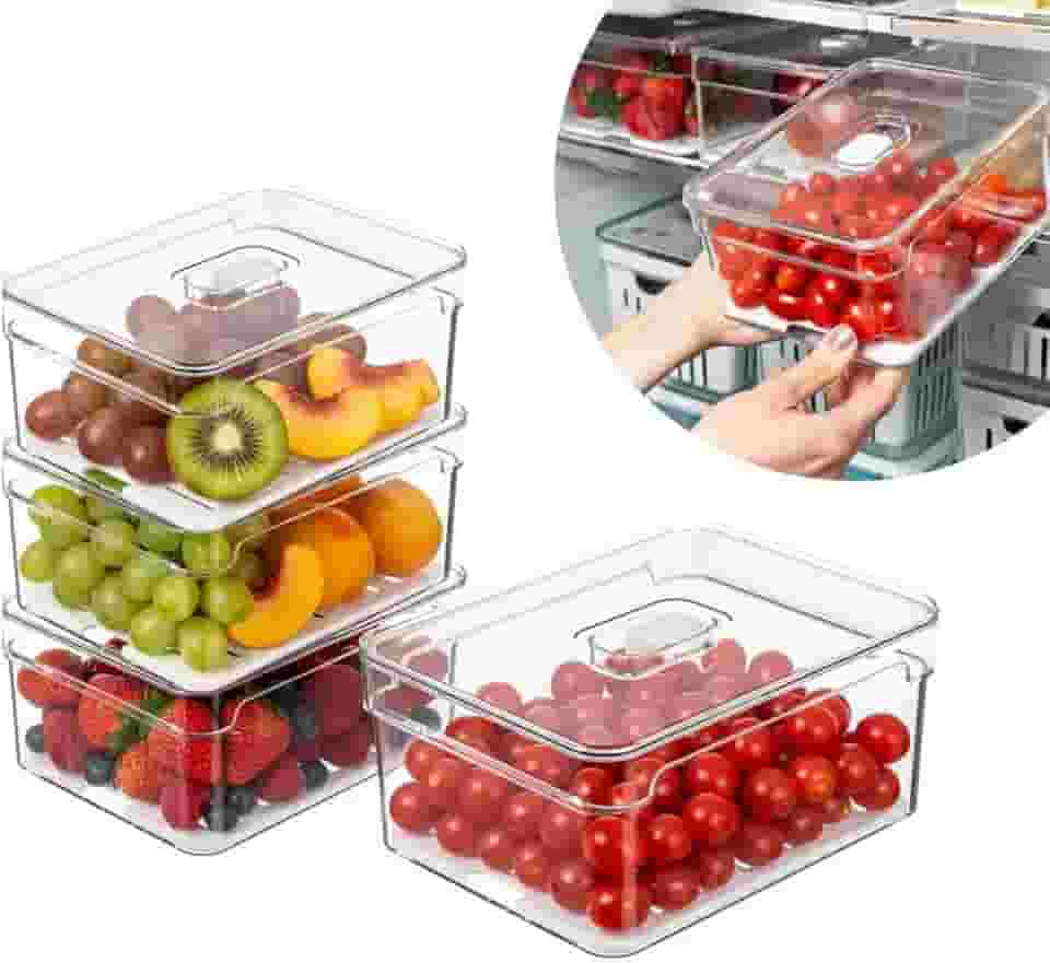 Kit 4 Organizadores Geladeira Armário Cozinha 2,2 Litros Alimentos Vegetais Caixa Plástica para Legumes, Saladas, Frutas