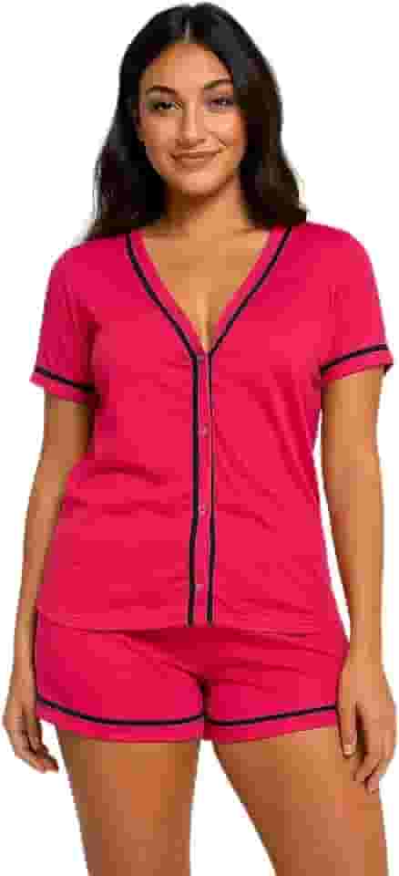 Pijama Curto Manguinha Blogueira Botão Aberto Adulto Amamentação americano verão meia estação fresquinho