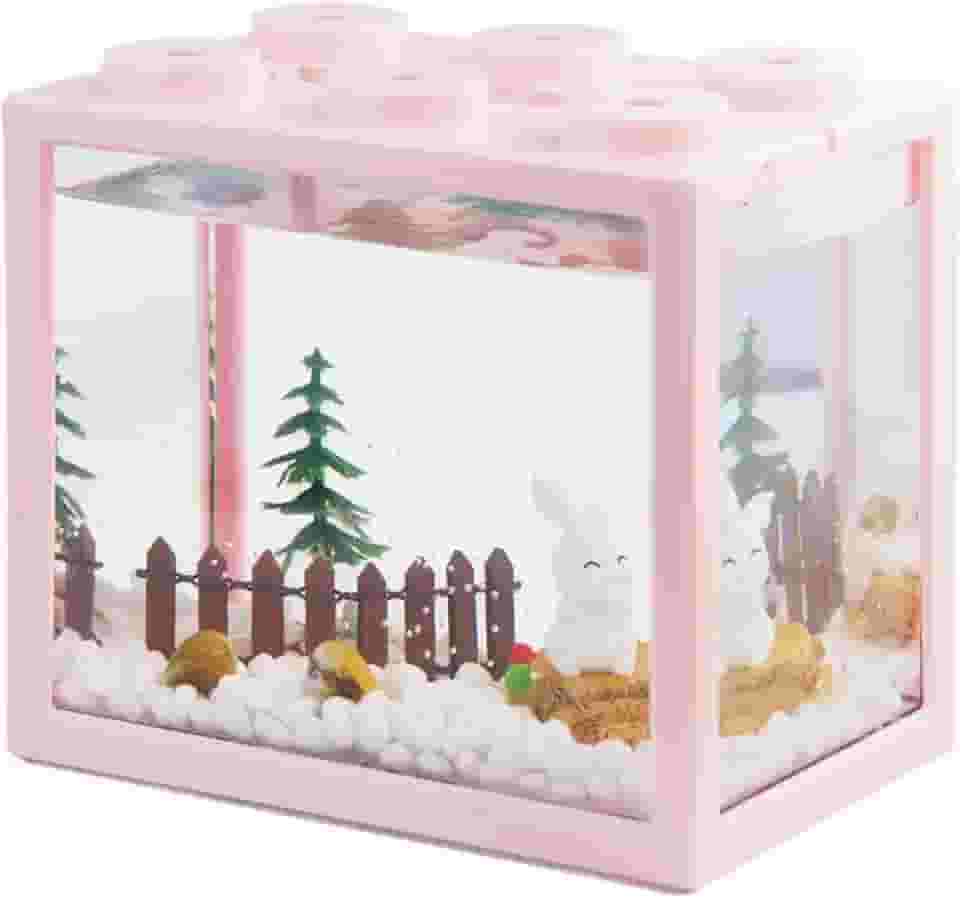 Pequeno tanque de peixes Betta, kit de mini aquário empilhável com cascalho de aquário e micropaisagem florestal, aquário de cubo de acrílico de 1 litro para peixes de macacos marinhos camarões (rosa)