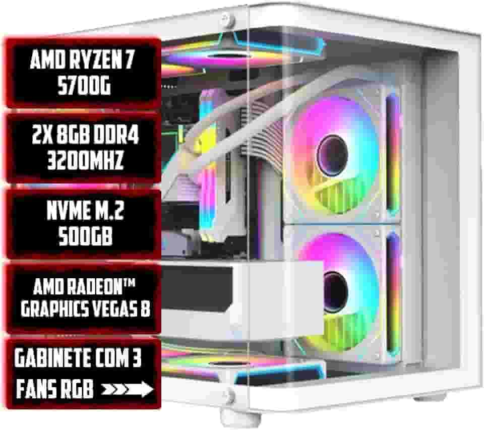 PC GAMER AMD WHITE RYZEN 7 5700G 16GB 3200MHZ NVME 512GB 600W BIVOLT RADEON VEGA 8