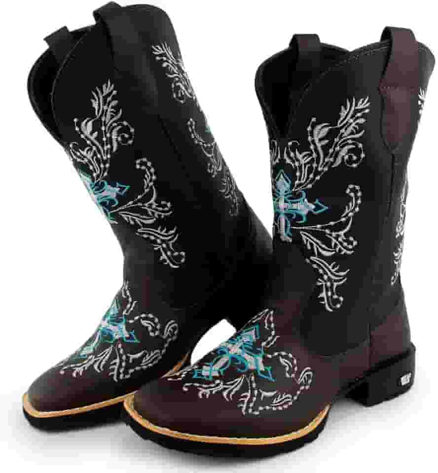 Bota Texana Feminina Couro Country Bico Quadrado Café Azul 10000