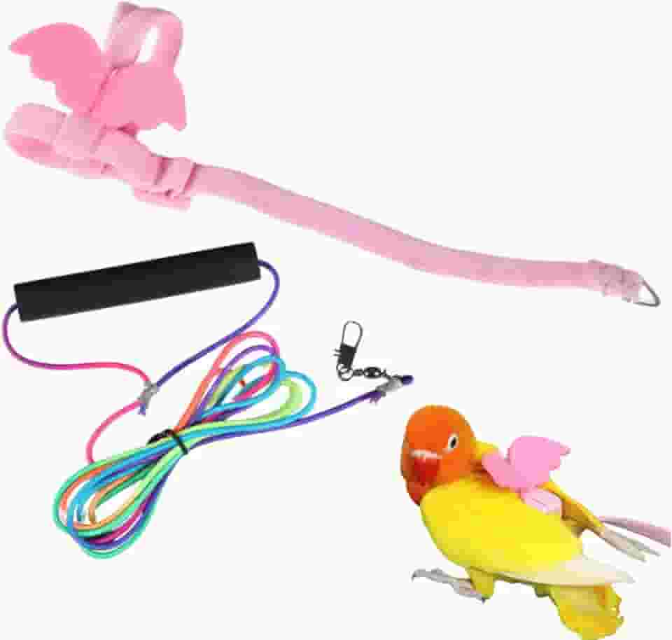 Peitoral e coleira de pássaro papagaio de estimação, design de treinamento ajustável, antimordida, corda de nylon para pássaros com asa fofa e coleira colorida para papagaios, calopsita periquito
