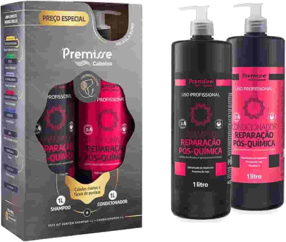 Premisse Kit Profissional Reparação Pós-Química, Shampoo e Condicionador, 1L Cada, com Hidrolisado de Algarrobo e Proteína de Soja, para Cabelos Danificados