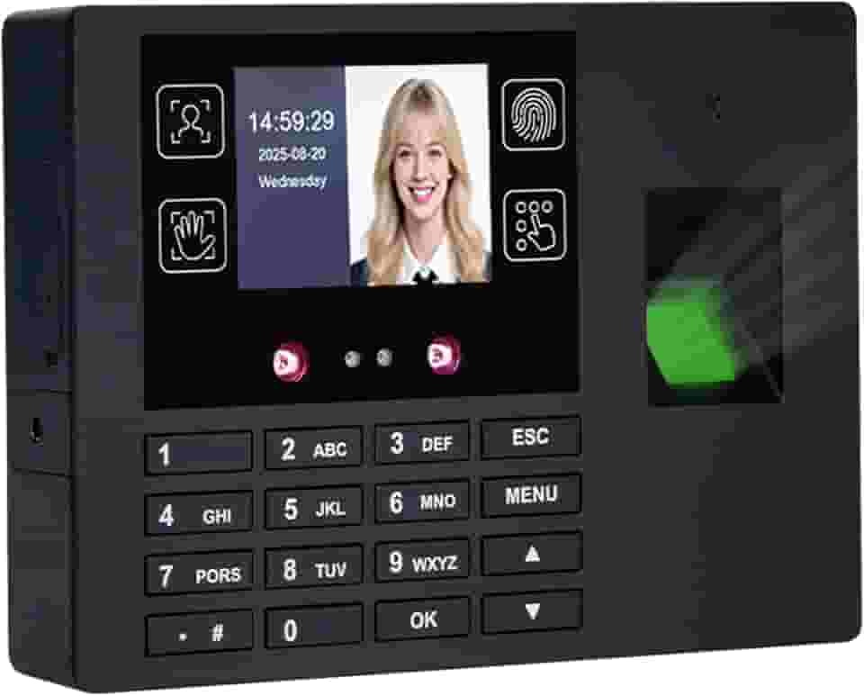 Relógios de ponto de funcionários para pequenas empresas, máquina de tempo versátil 4 em 1 (rosto + impressão digital + impressão da palma + PIN), relógio de perfuração de máquina de