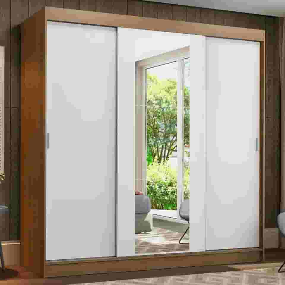 Guarda-Roupa Casal Madesa Reno 3 Portas de Correr com Espelho - Rustic/Branco