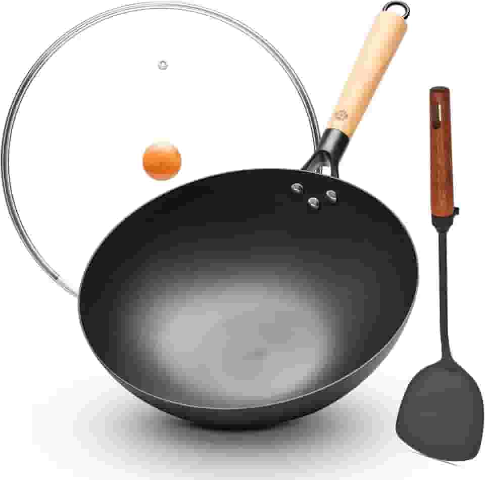 Wok de ferro de fundo plano de 12,6 polegadas com tampa de vidro e cabo de madeira, não revestido, frigideira naturalmente antiaderente para fogões a gás, elétricos e de indução