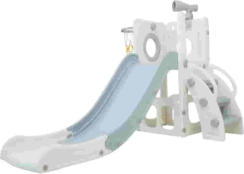 Freso Baby Playground Infantil 4x1 Mini Mundo Grey 1 Torre, Para Crianças de 1 a 4 anos, Compacto e Fácil Montagem, com Escorregador, Cesta de Basquete e Bola, Escalada, Luneta