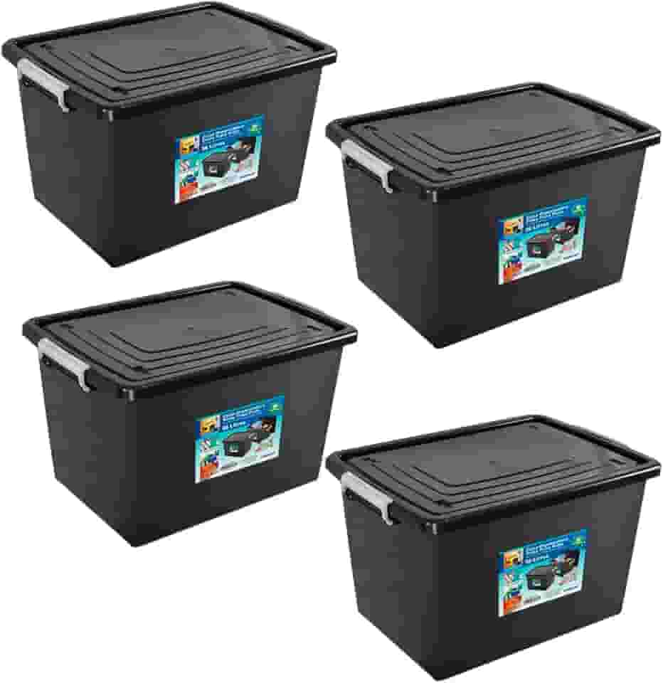 Kit 4 Caixas Organizadoras 56 Litros C/Tampa e Trava Preta 25793PM Arqplast
