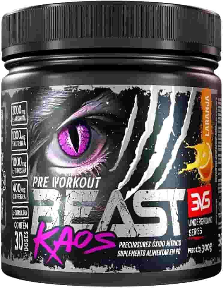 3VS Nutrition Pré-Treino Beast Kaos –Extra Forte Com Citrulina, Beta Alanina, Cafeína, Arginina, Taurina e Tirosina 300gr, Sabor Laranja