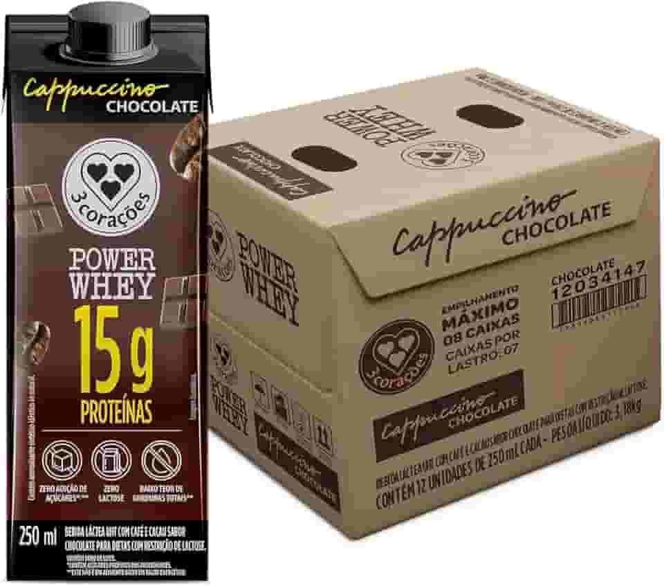 3 Corações Bebida Láctea Cappuccino Power Whey Chocolate 15g de Proteína com Cafeína 250ml - 12 unidades