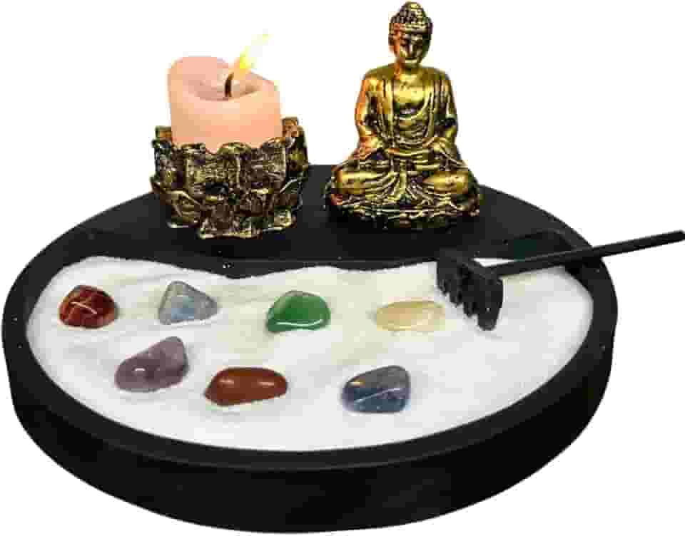 Jardim Zen Japones Buda Meditando com Castiçal e Incensário Flor de Lótus Kit completo