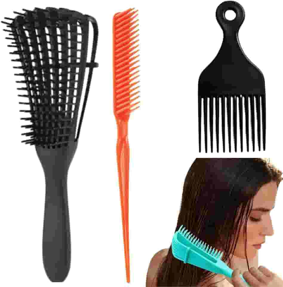 Kit Escova de Cabelo Cacheado Polvo + Pente 3 Fileiras para Fitagem Finalizações + Pente Garfo Cachos - RJI Utilidades