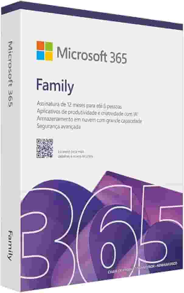 Microsoft 365 Family (12 meses) até 6 usuários. Office apps com o Copilot incluso. PC/Mac/Iphone/tablet. Ativação necessária.