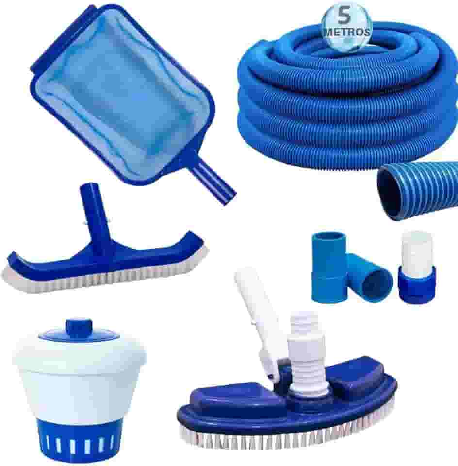 Kit Limpeza Piscina Aspirador Mangueira Clorador Mangueira Flutuante Adaptador Ponteira Escova Curva