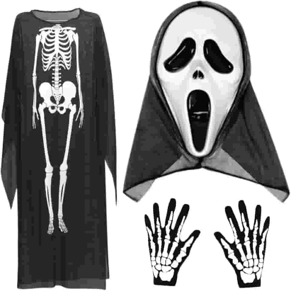 Fantasia Halloween Capa Adulto + Máscara + Luva Esqueleto