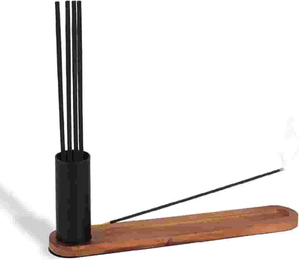 Geguton - Porta Incenso Namastê - Aço e Madeira com Suporte para Estoque - Estilo e Praticidade - Preto Fosco e Madeira Pinus