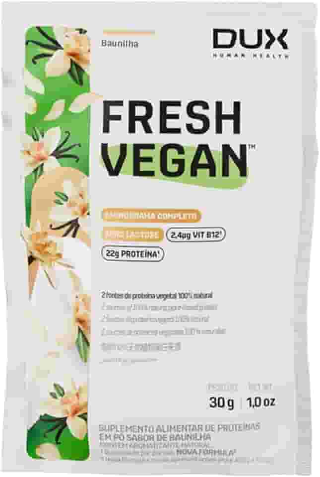 DUX HUMAN HEALTH - FreshVegan - Proteína Vegana de Ervilha e Arroz, 20g de Proteínas por Porção - Suplementos Naturais, Suplementação Treino Academia, Ganho Muscular Hipertrofia - Baunilha - Sachê 31 g