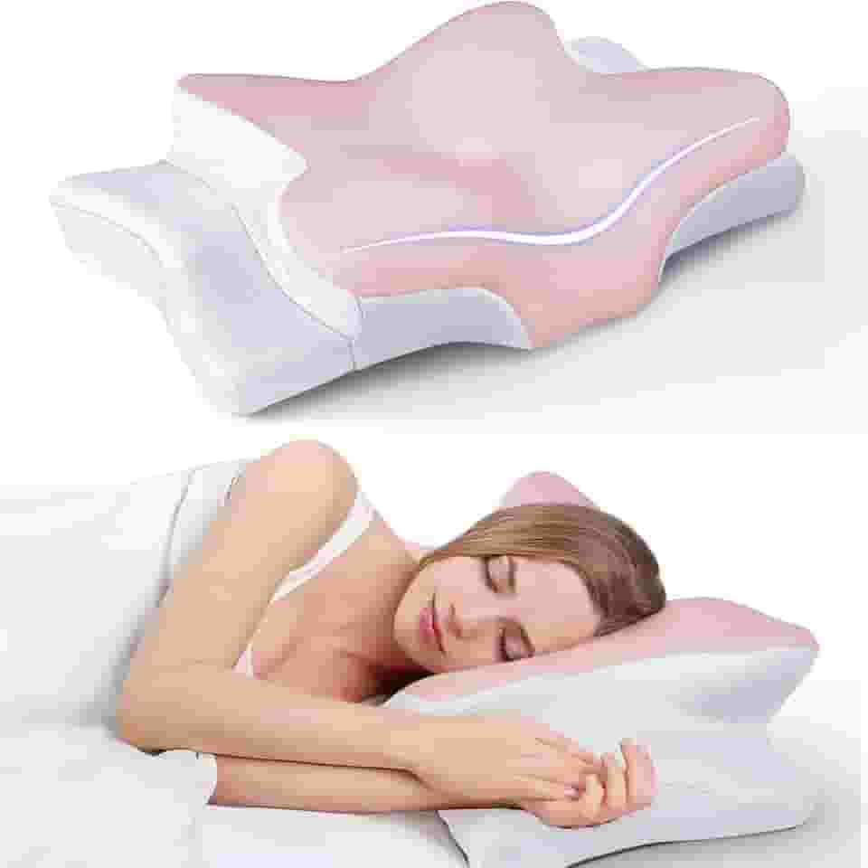 Travesseiro Ergonômica de Alívio de Dor no Pescoço com Memória, Ajustável e Resfriamento, Travesseiro Ortopédico para Dormir de Costas, Lado ou Barriga - Conforto, Suporte e Bem-estar (Rosa)
