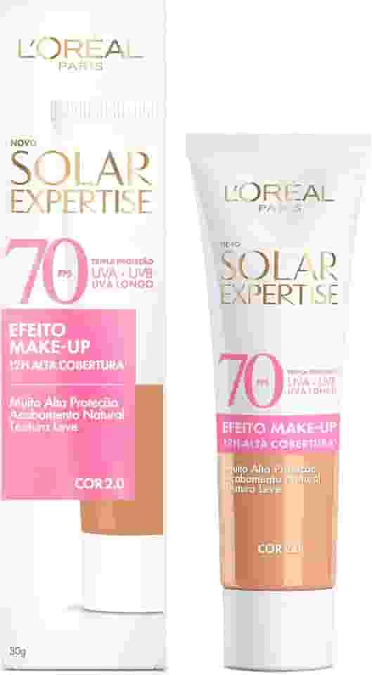 L'Oréal Paris Solar Expertise Efeito Make-Up, Protetor Solar com Cor FPS 70, Cobertura de Maquiagem por até 12h, Tripla Proteção Solar contra raios UVB, UVA, UVA Longo e Luz Visível Cor 2.0, 30g